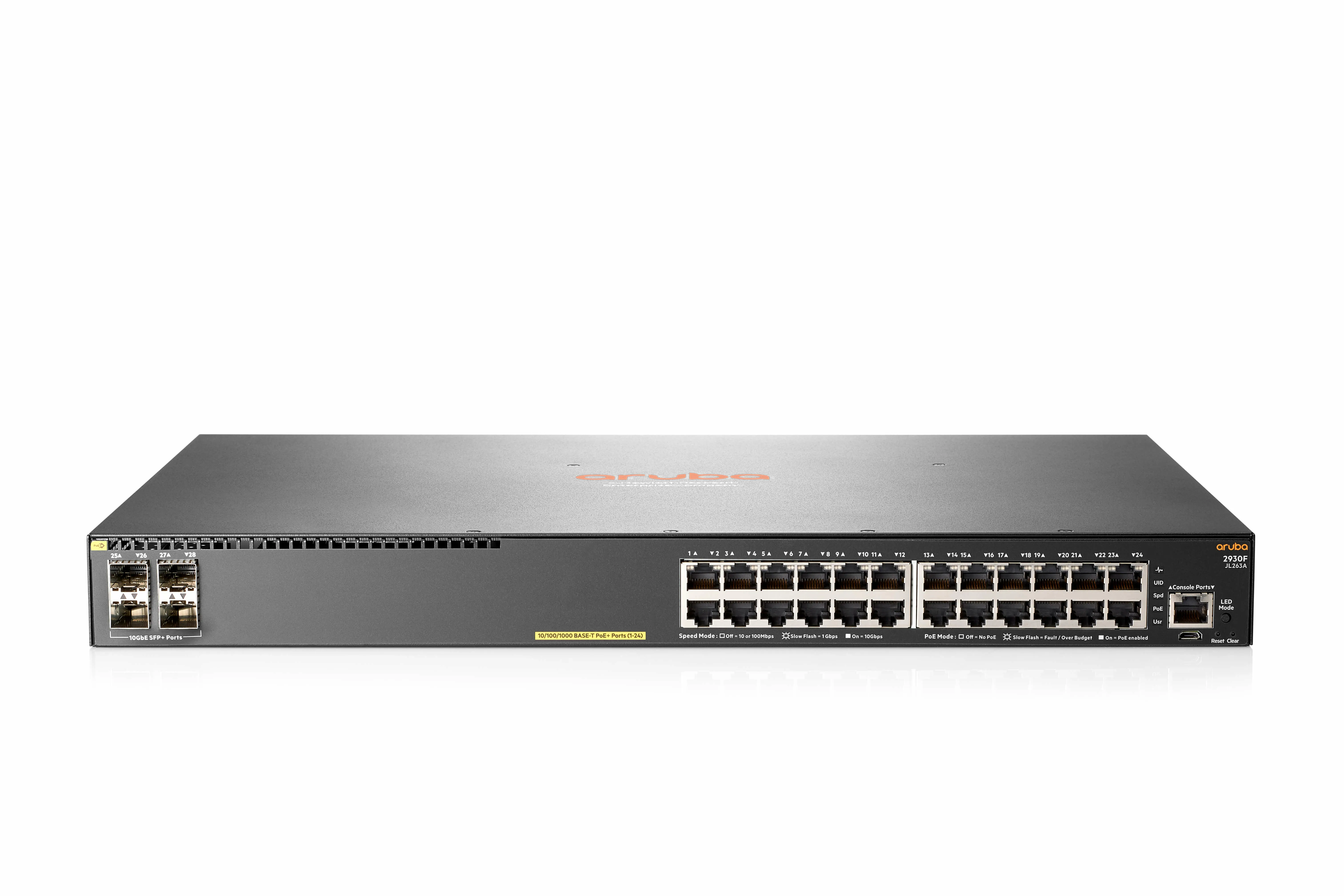 Aruba 2930F 24G PoE+ 4SFP+ TAA - Kytkin - L3 - Hallinnoitu - 24 x 10/100/1000 (PoE+) + 4 x 1 Gigabit / 10 Gigabit SFP+ (uplink) - r&auml;kkiin asennettava - PoE+