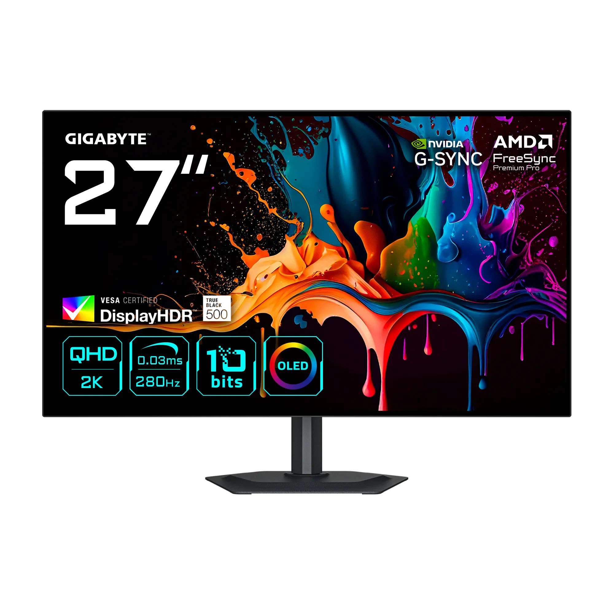 Gigabyte MO27Q28G 27" QHD, WOLED, 280Hz, HDR -pelin&auml;ytt&ouml;, USB-C hub