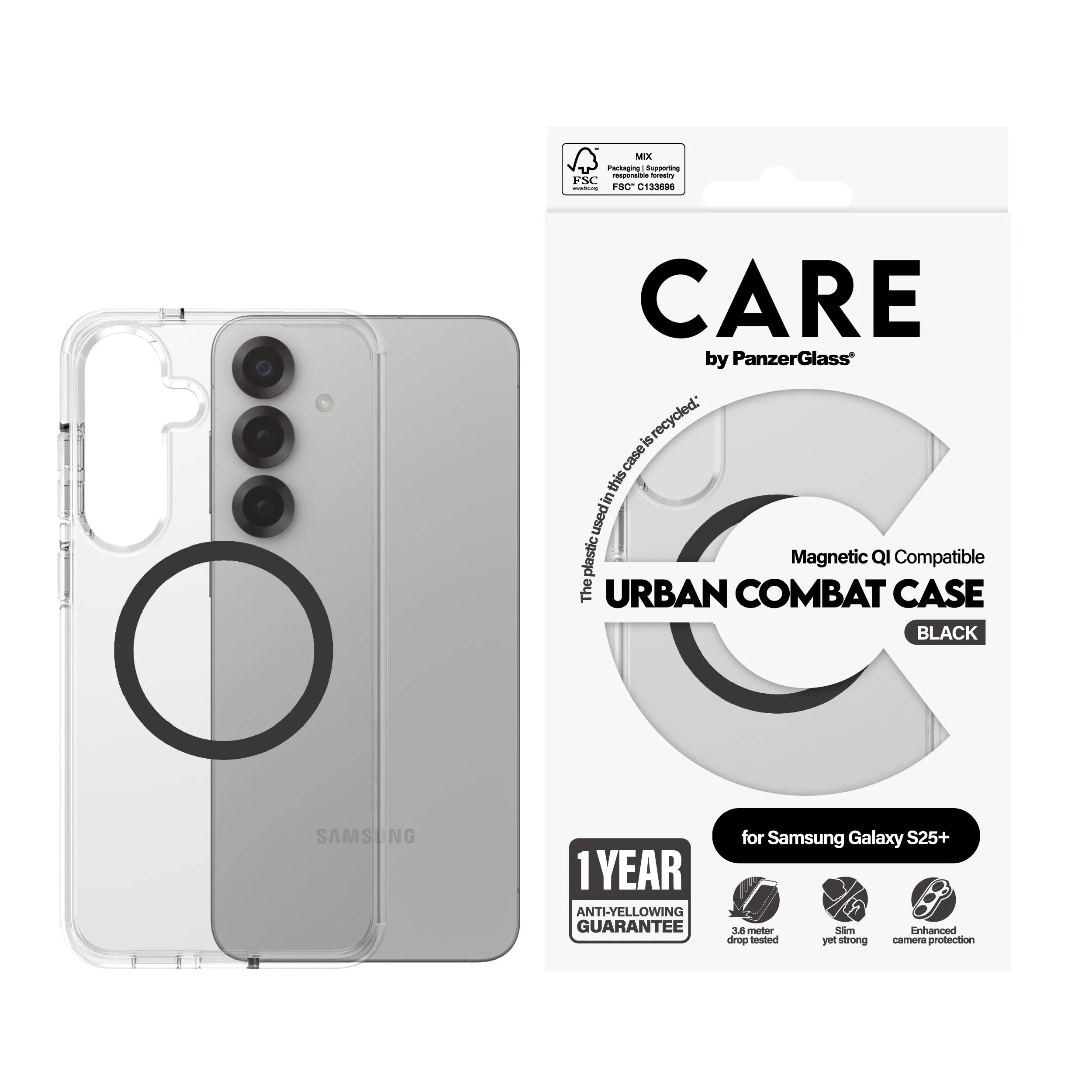 Care by PanzerGlass Galaxy S25 Urban Combat skal, Transparent, Qi Compatible