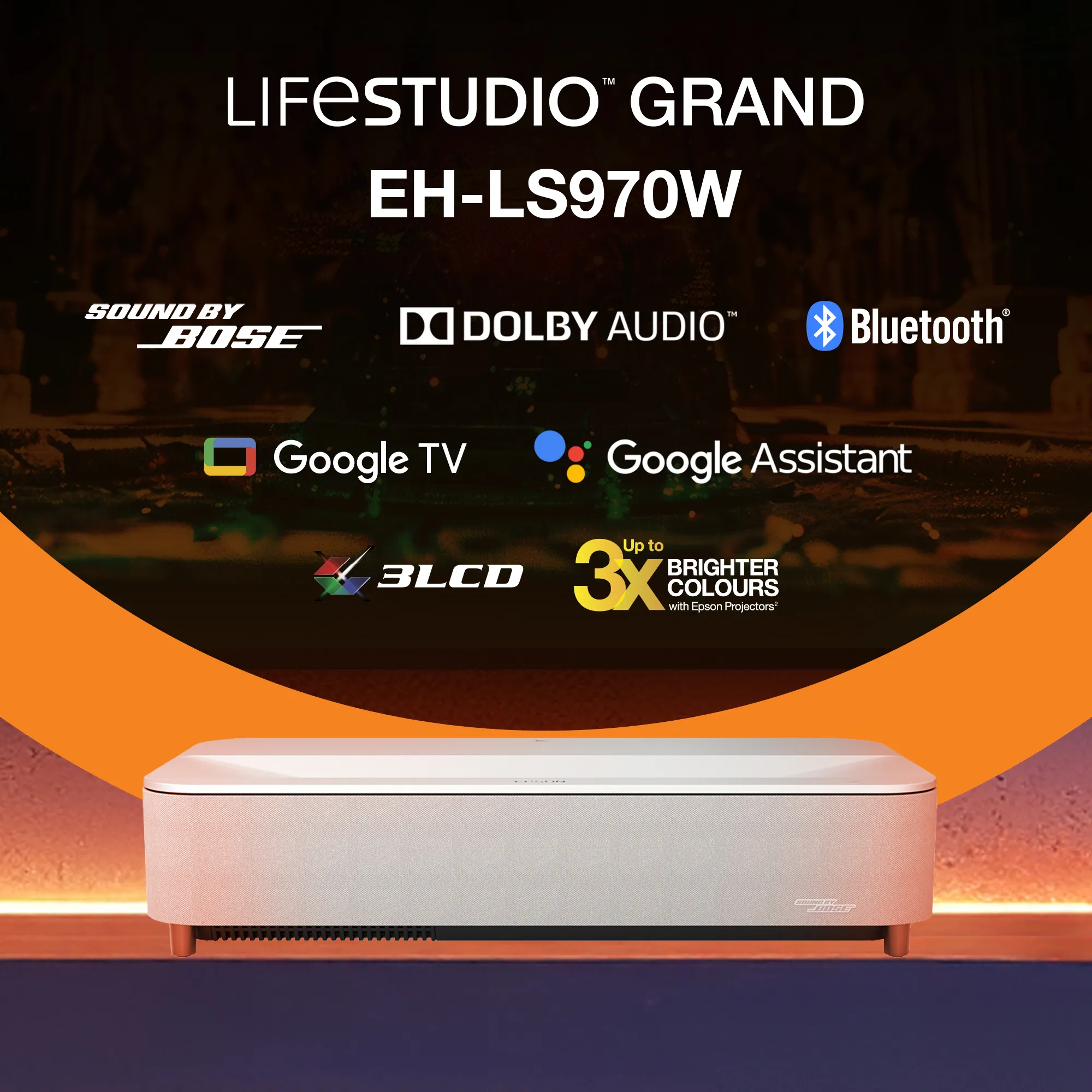 Epson Lifestudio Grand Plus EH-LS970W Ultra Short Throw 3LCD 4K UHD 4000 ANSI lm Laser Projector, White