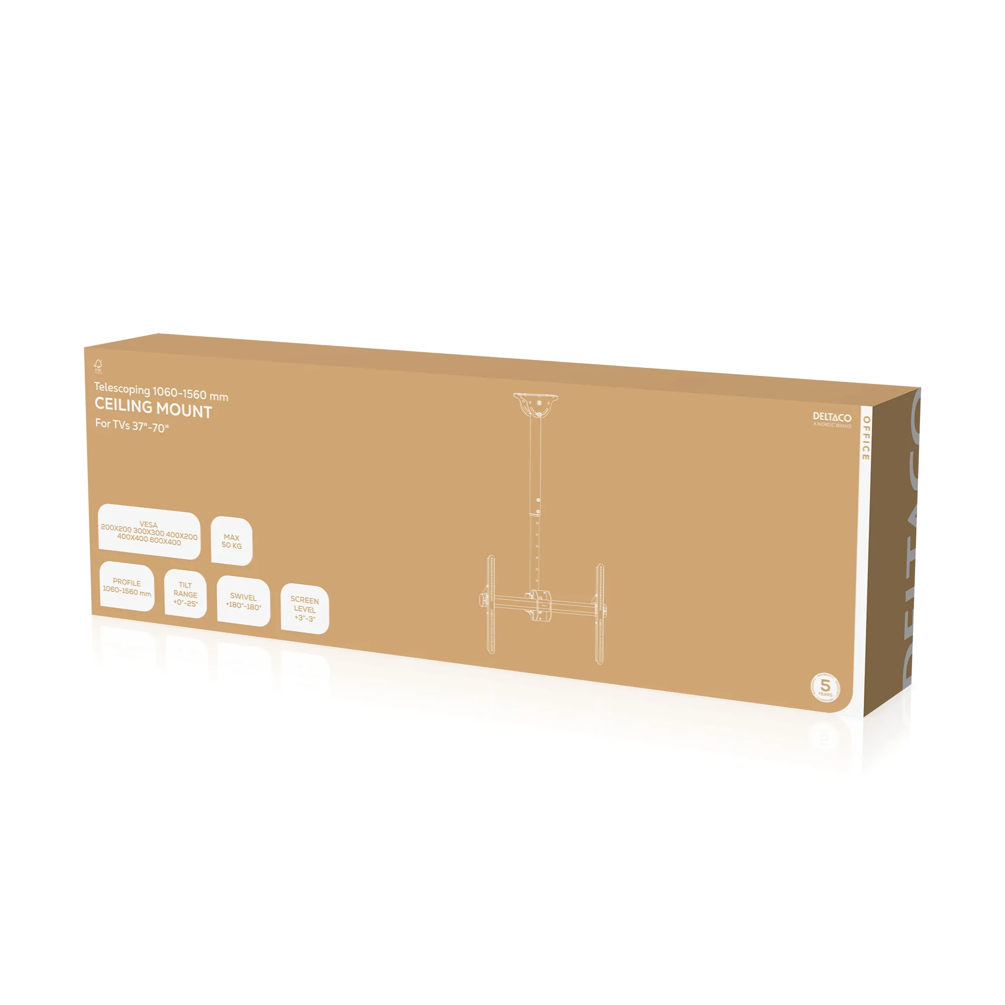 DELTACO Office Telescopic Single TV Ceiling,1060mm-1560mm,50kg,37"-70"