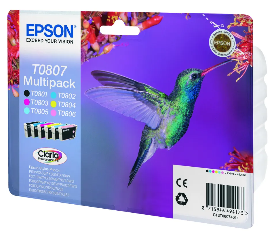 Epson Claria Photographic T0807 Ink cartridge kit, 7.4 ml, Black/Cyan/Light Cyan/Magenta/Light Magenta/Yellow, 6 pcs