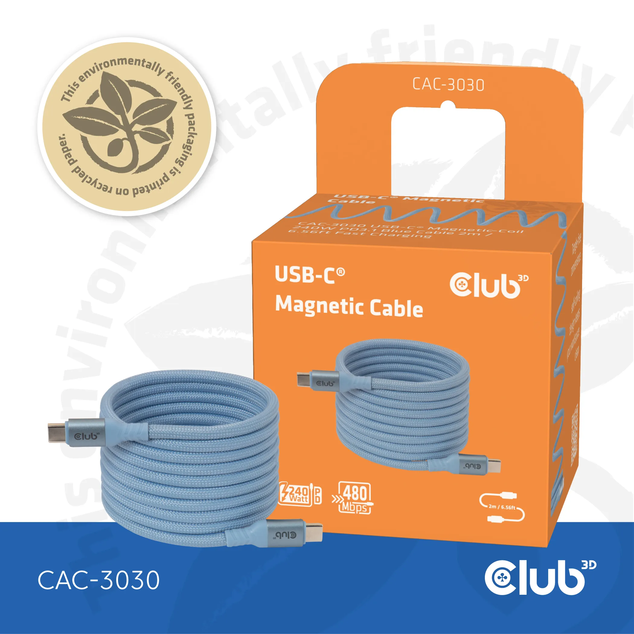 Club 3D CAC-3030 magneettinen USB-C -kaapeli, 240 W, 2 m, sininen