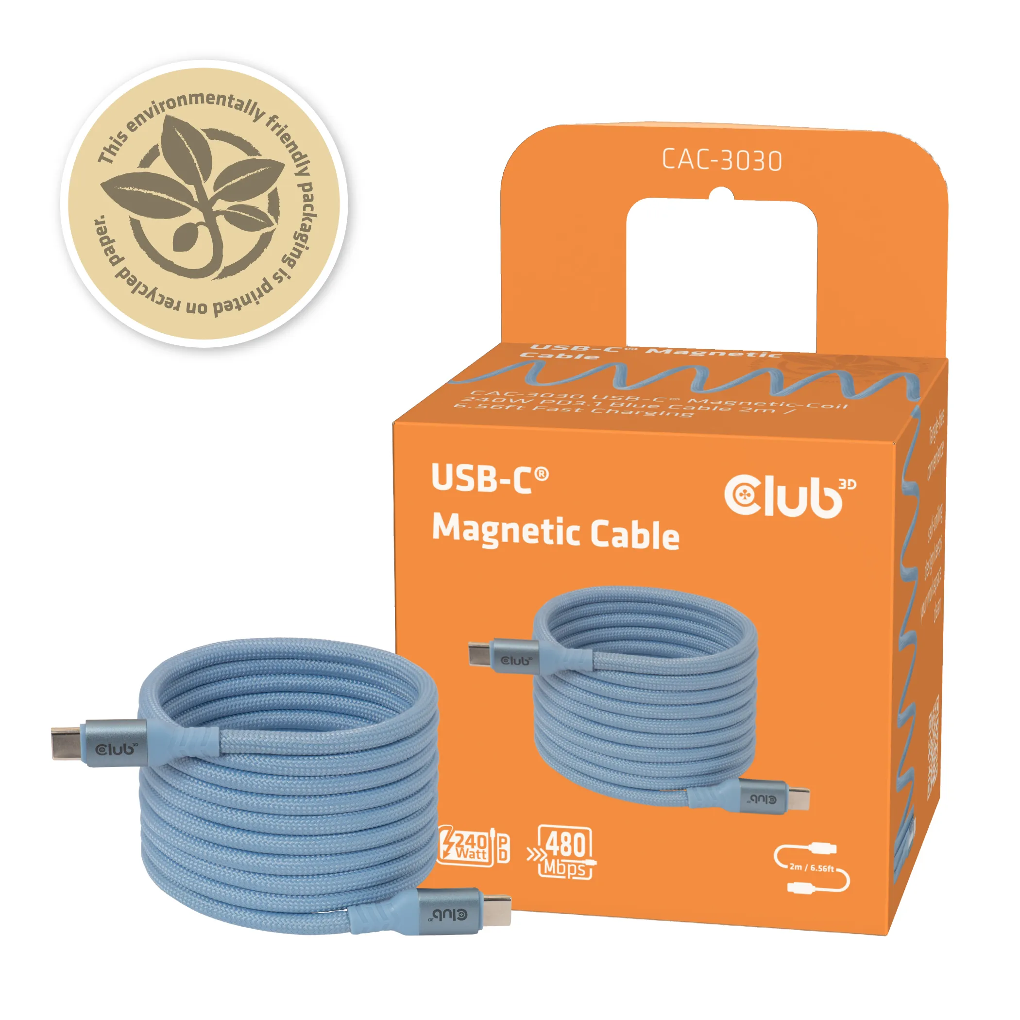 Club 3D CAC-3030 magnetic USB-C cable, 240W, 2 m, Blue