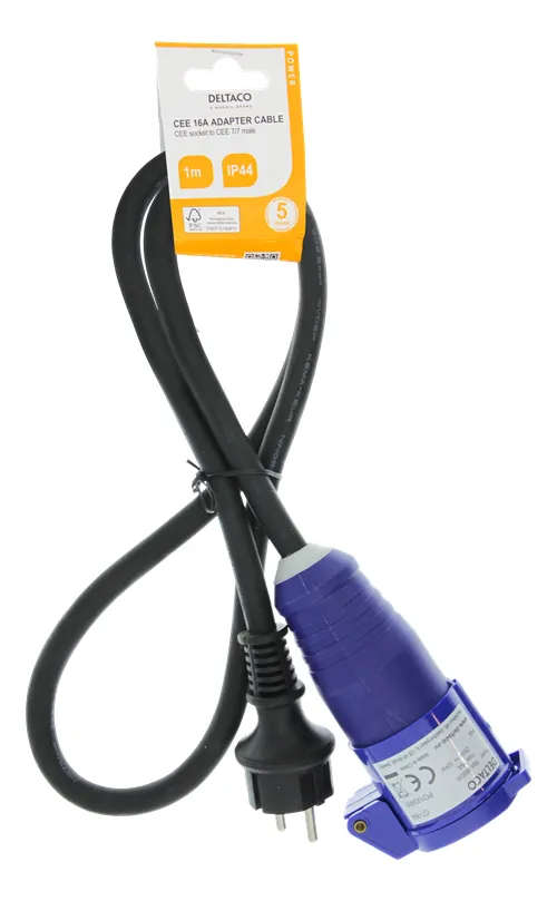 Deltaco Adapter cabel, CEE 16A, CEE socket to CEE7/7 male, outdoor-use IP44, 1m, Black