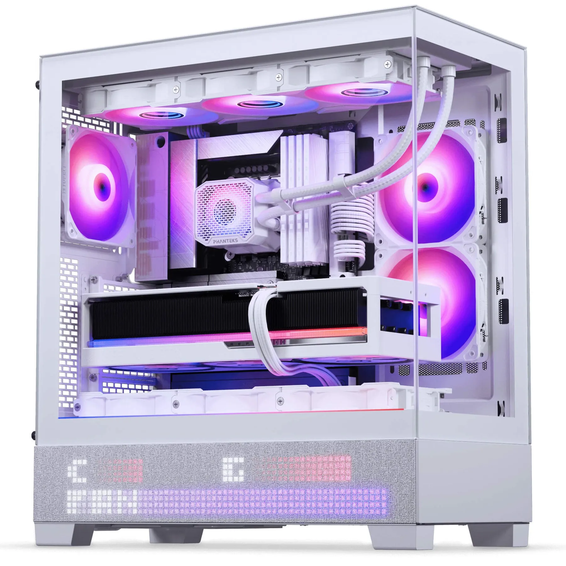 Phanteks XT View Matrix -miditornikotelo ikkunalla ja RGB-valaistuksella, harmaavalkoinen