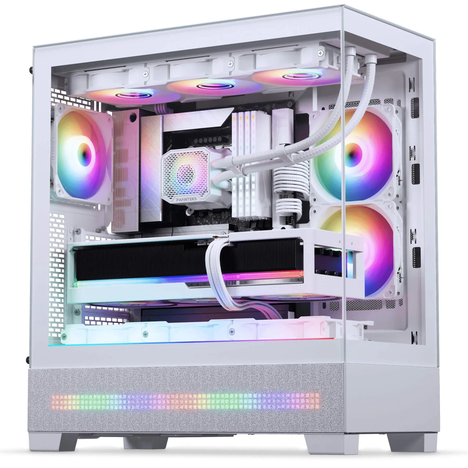 Phanteks XT View Matrix -miditornikotelo ikkunalla ja RGB-valaistuksella, harmaavalkoinen