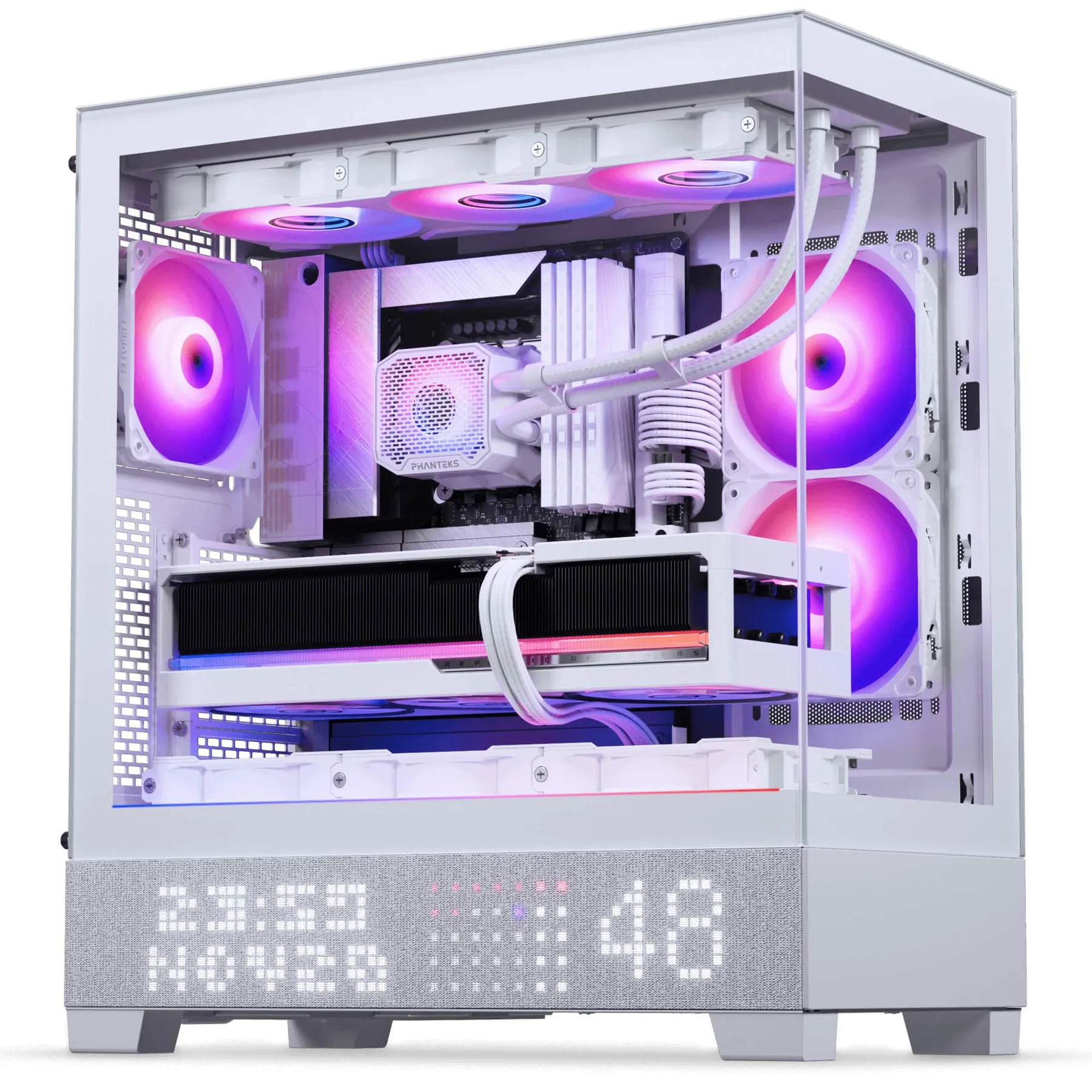 Phanteks XT View Matrix -miditornikotelo ikkunalla ja RGB-valaistuksella, harmaavalkoinen