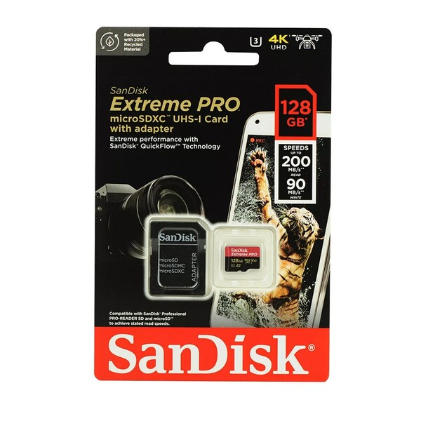 SanDisk Extreme PRO 128 GB MicroSDXC UHS-I U3 V30 A2 kort + SD-adapter, r&ouml;d/gr&aring;