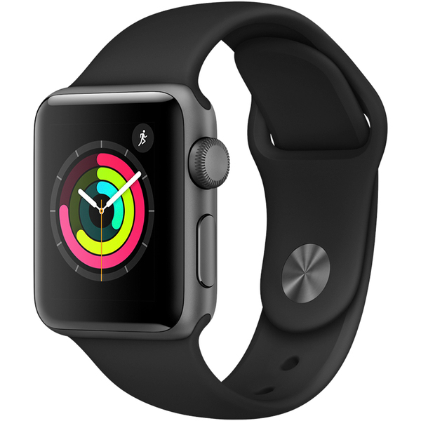 Apple&nbsp;Watch Series&nbsp;3 GPS, 38mm T&auml;htiharmaa alumiinikuori ja musta urheiluranneke