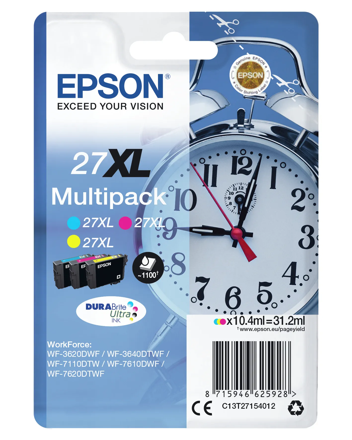 Epson 27XL ink cartridge kit, Cyan, Magenta, Yellow, 3 pcs