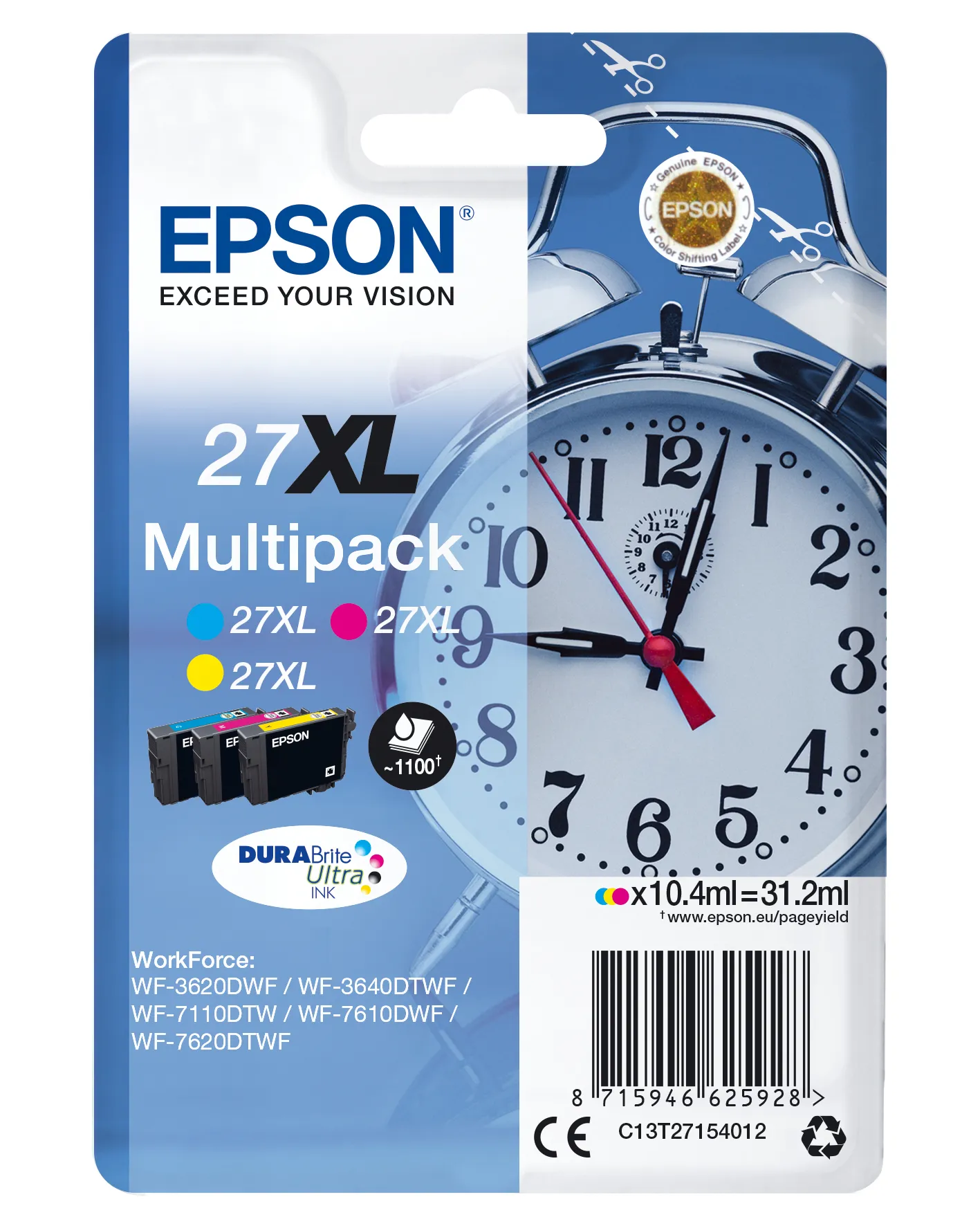 Epson 27XL kit med bl&auml;ckpatroner, 31.2 ml, cyan, magenta, gul, 3 st