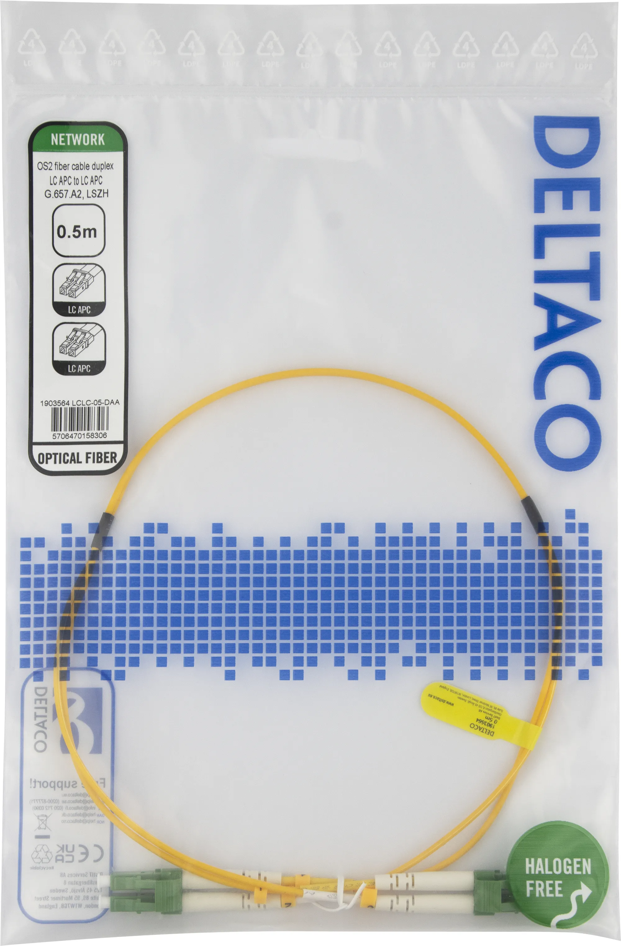 Deltaco OS2 LC-LC 0.5m Fiber Optic Cable, Yellow