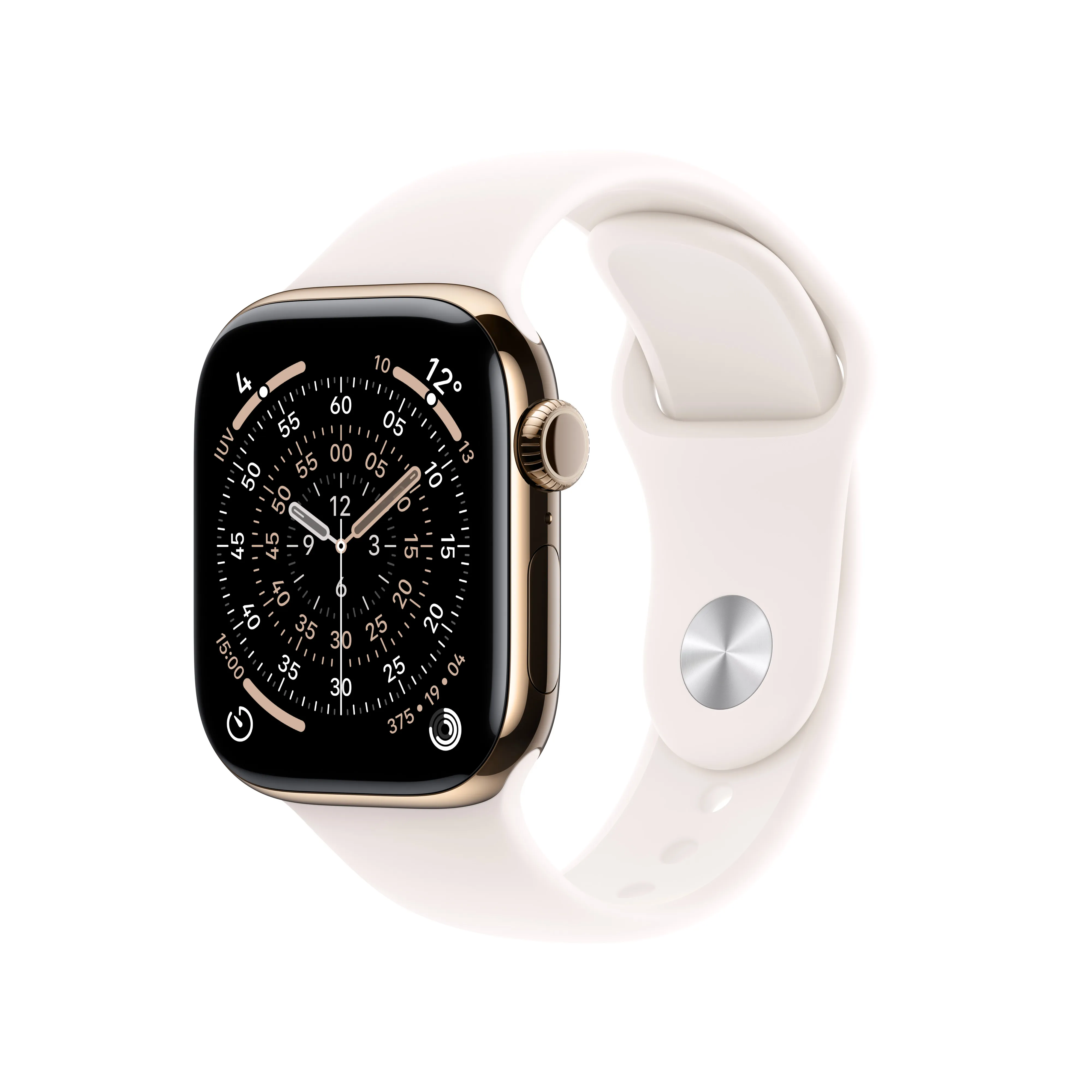 Apple Watch Series 11 (GPS + Cellular) 42 mm guld titanboett med rose sportband, M/L