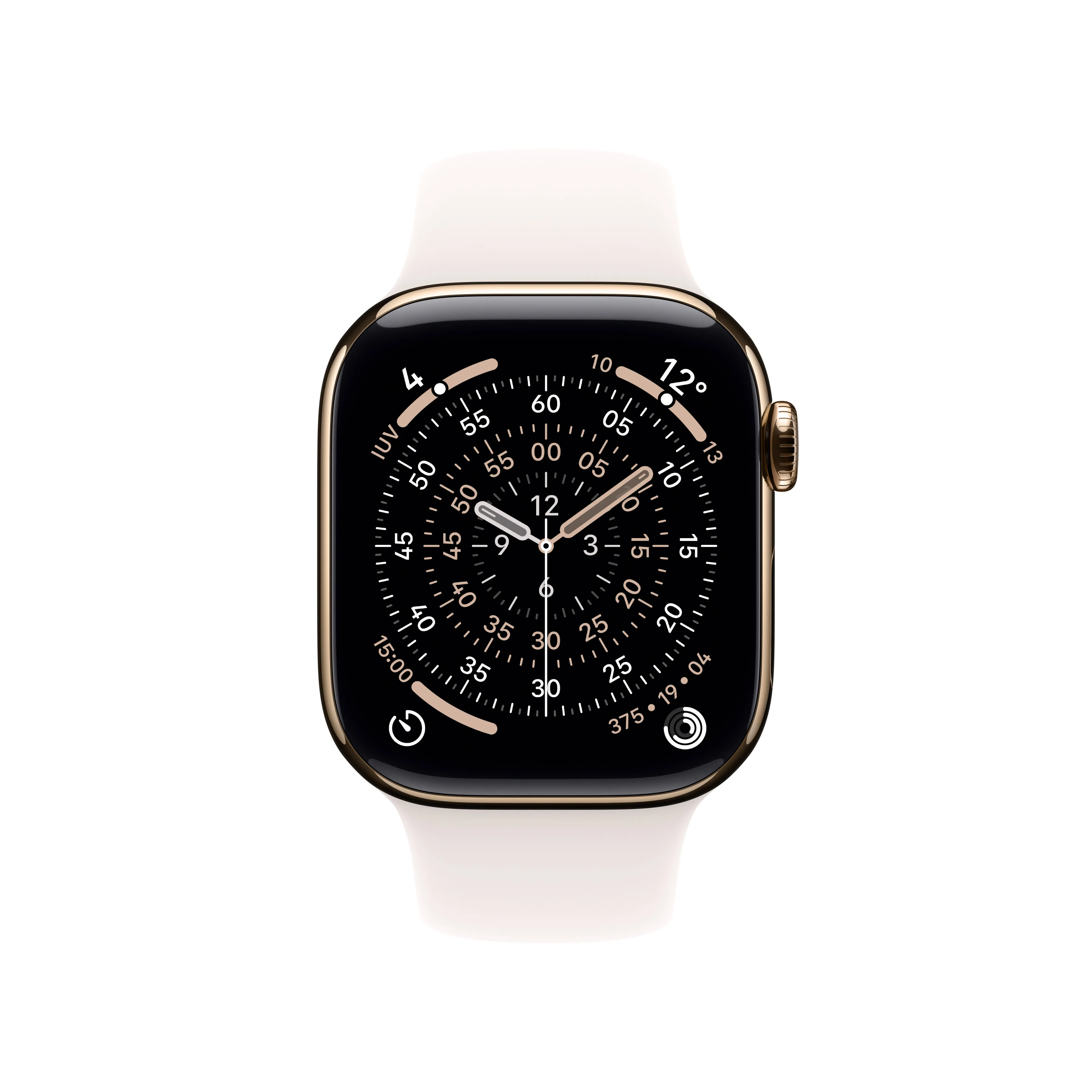 Apple Watch Series 11 (GPS + Cellular) 42 mm guld titanboett med rose sportband, M/L