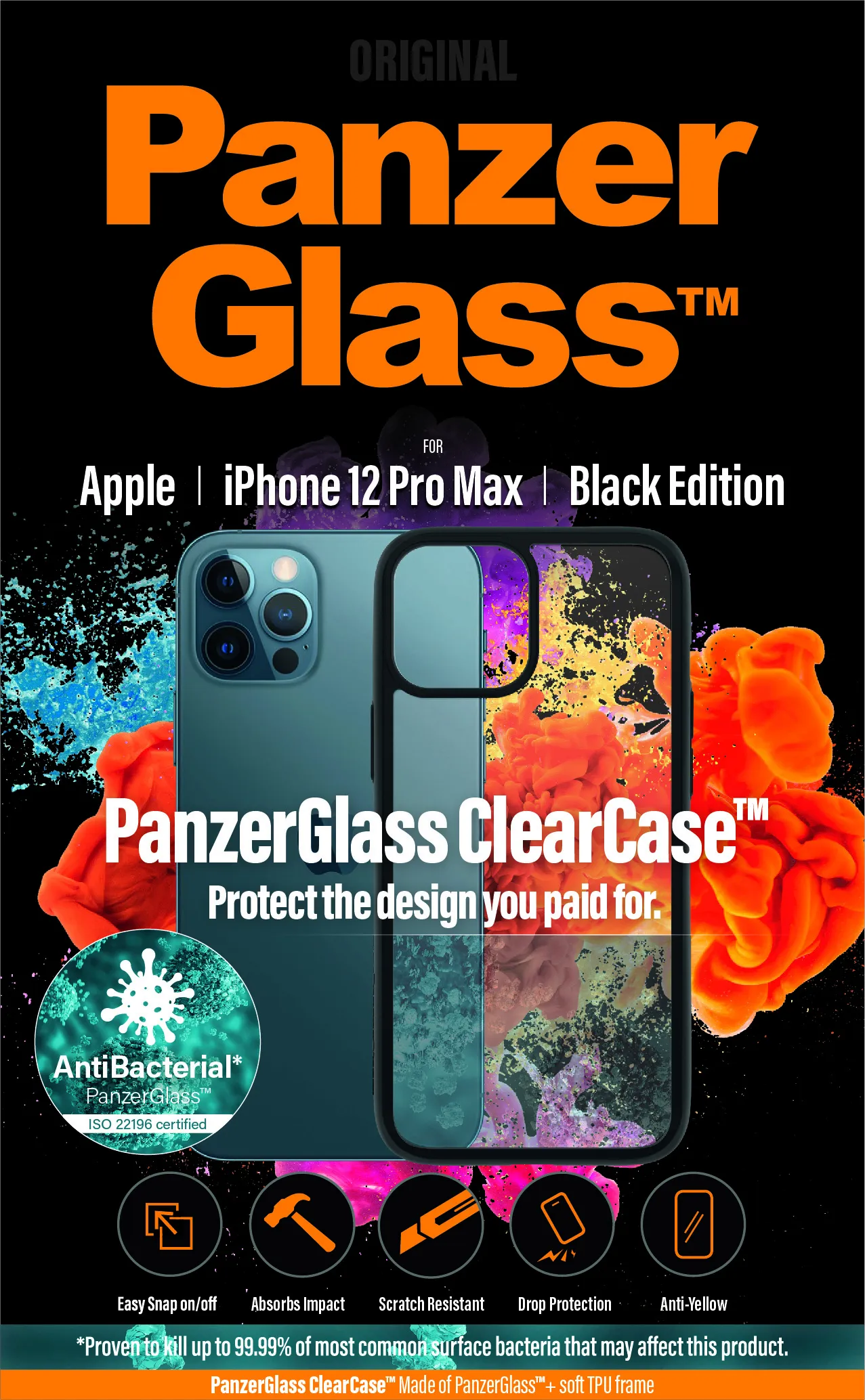 PanzerGlass ClearCase, iPhone 12 Pro Max -suojakuori, Musta, L&auml;pin&auml;kyv&auml;
