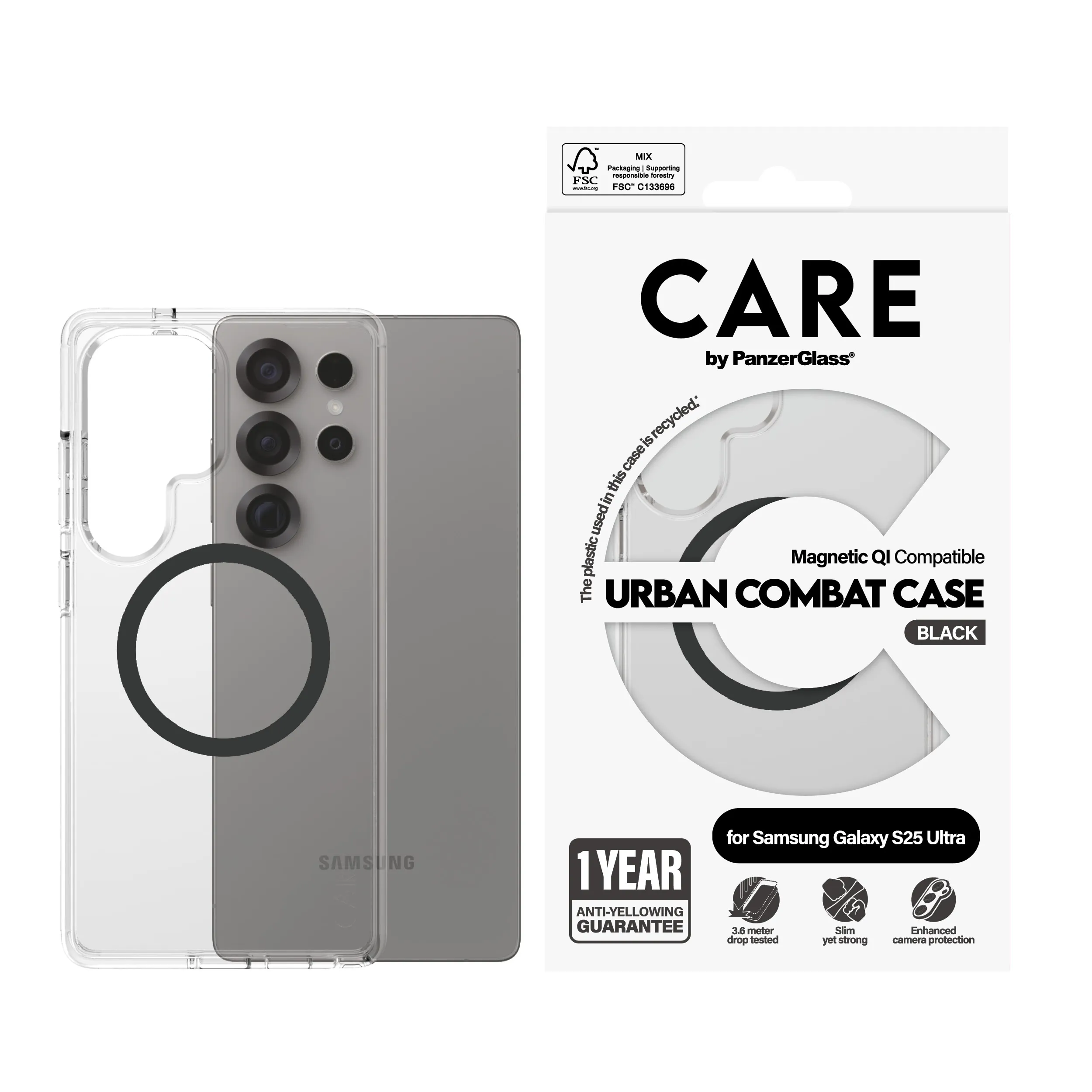 Care by PanzerGlass Galaxy S25 Urban Combat skal, Transparent, Qi Compatible