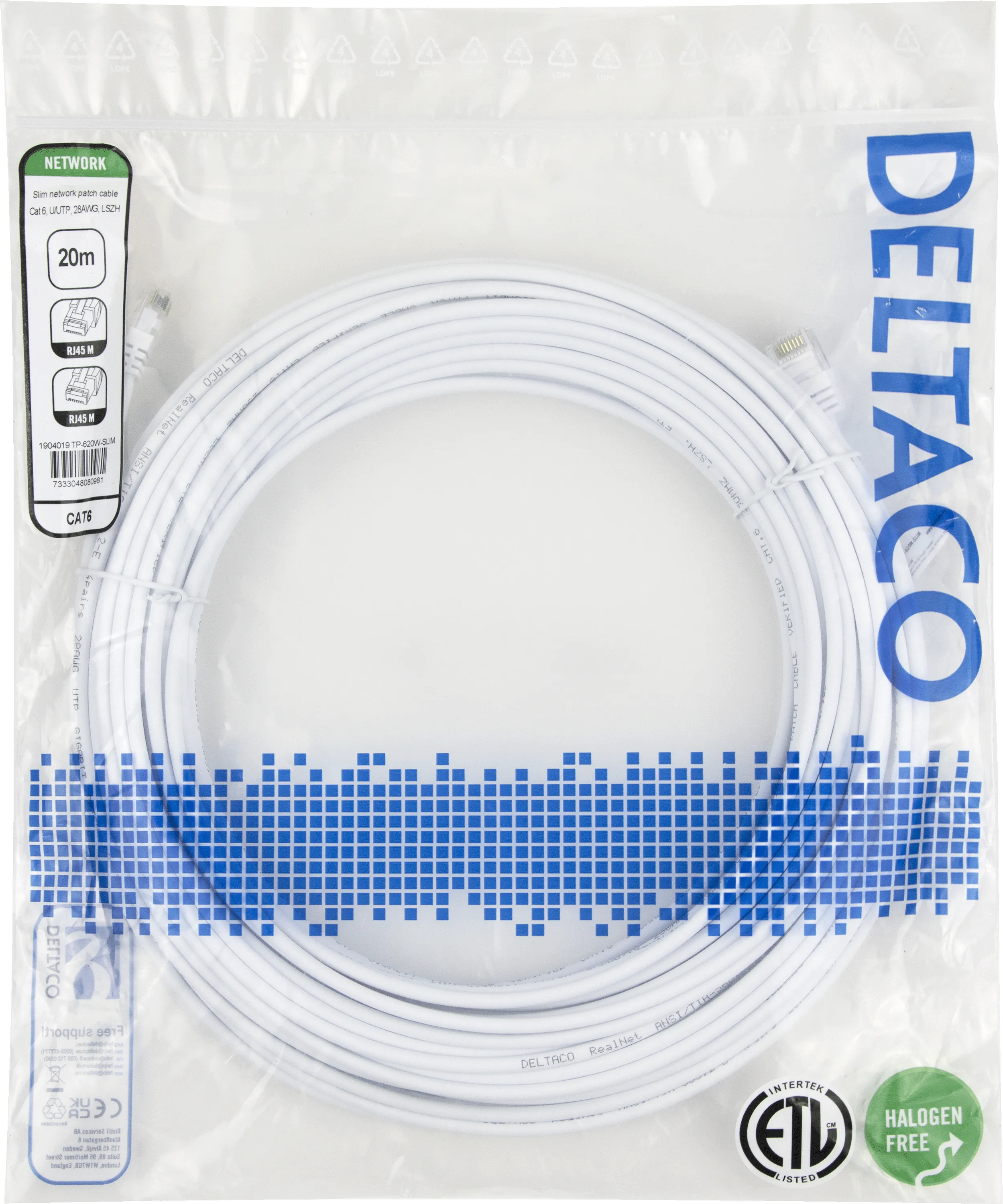Deltaco Cat6 U/UTP RJ45 20m -verkkokaapeli, valkoinen