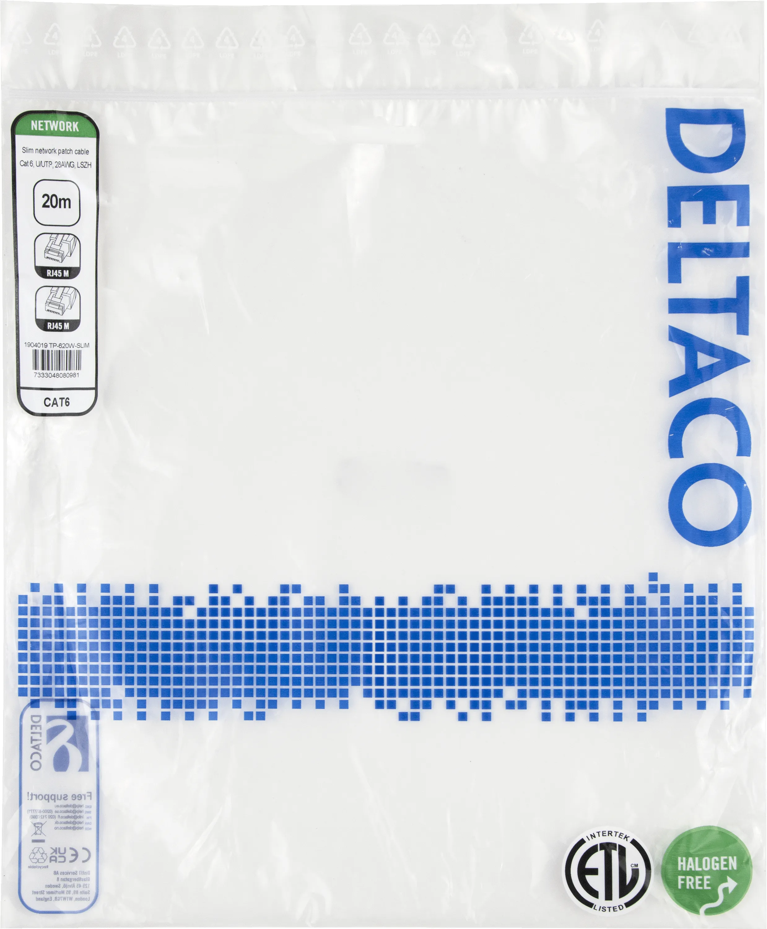 Deltaco Cat6 U/UTP RJ45 20m -verkkokaapeli, valkoinen