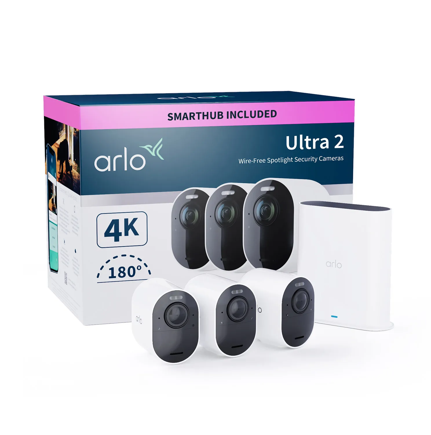 Arlo Ultra 2 Security System - Yhdysk&auml;yt&auml;v&auml; + kamera(t) - wireless (802.11b, 802.11g, 802.11n, 802.11ac, Bluetooth 4.2 LE) - 3 kamera/kamerat - valkoinen