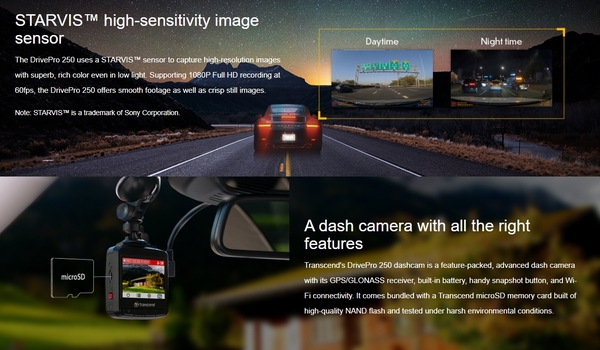 Transcend DrivePro 250 Autokamera, F/2.0 140° (WiFi, GPS)