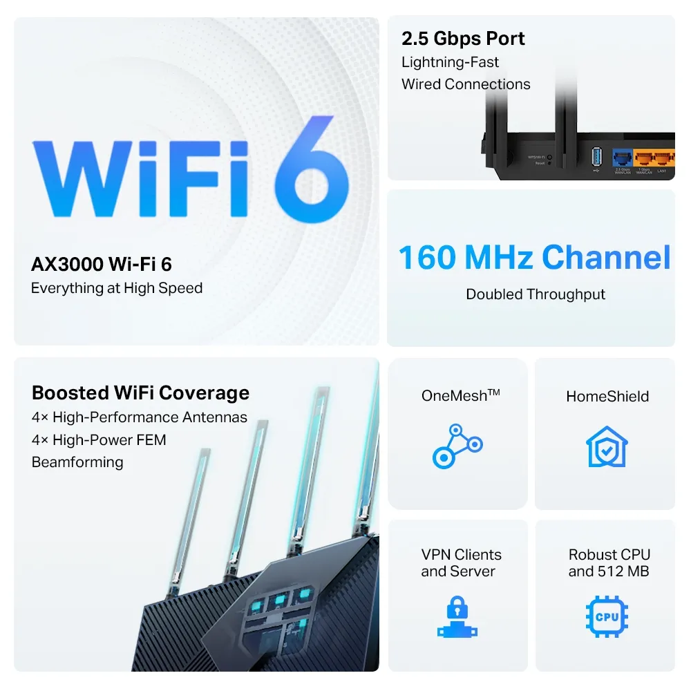 TP-Link Archer AX55 Pro router, Wi-Fi 6, AX3000, Dual-band, svart