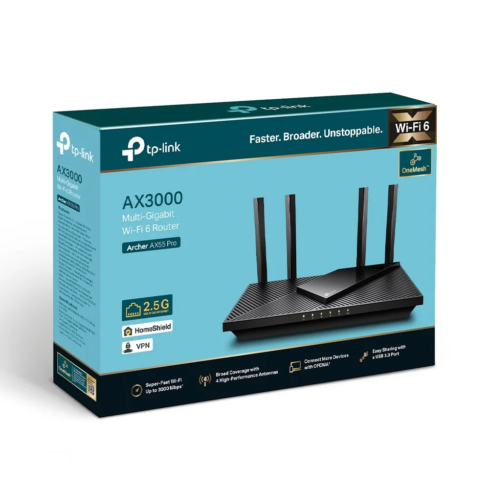 TP-Link Archer AX55 Pro router, Wi-Fi 6, AX3000, Dual-band, svart