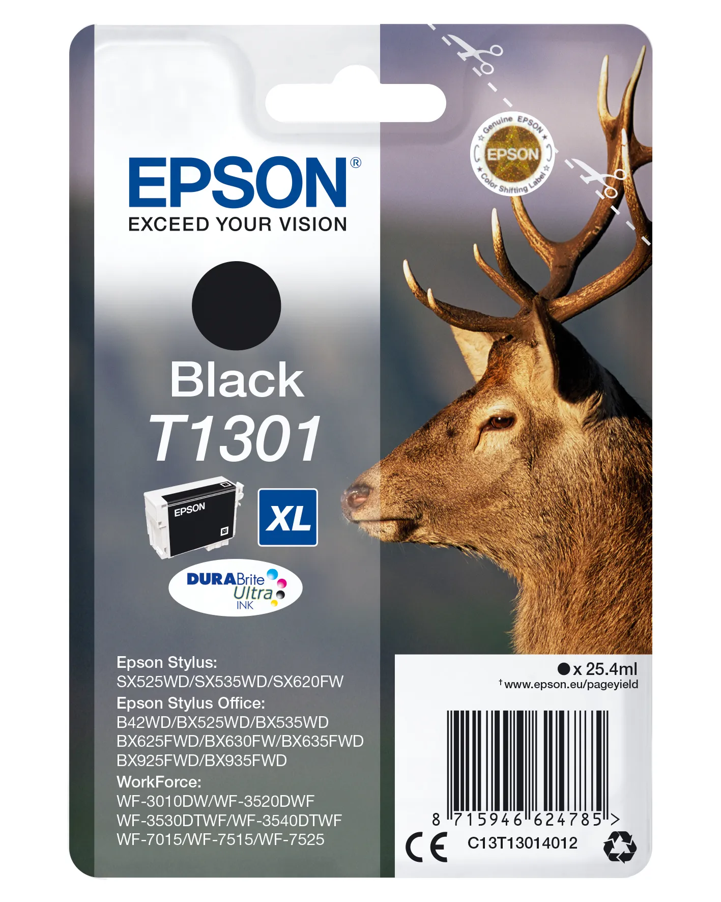 Epson T1301 - 25.4 ml - XL-koko - musta - alkuper&auml;inen - blister RF:ll&auml;/&auml;&auml;nih&auml;lyttimell&auml; - mustepatruuna malleihin Stylus Office BX535, BX630, BX635, BX935, Wor
