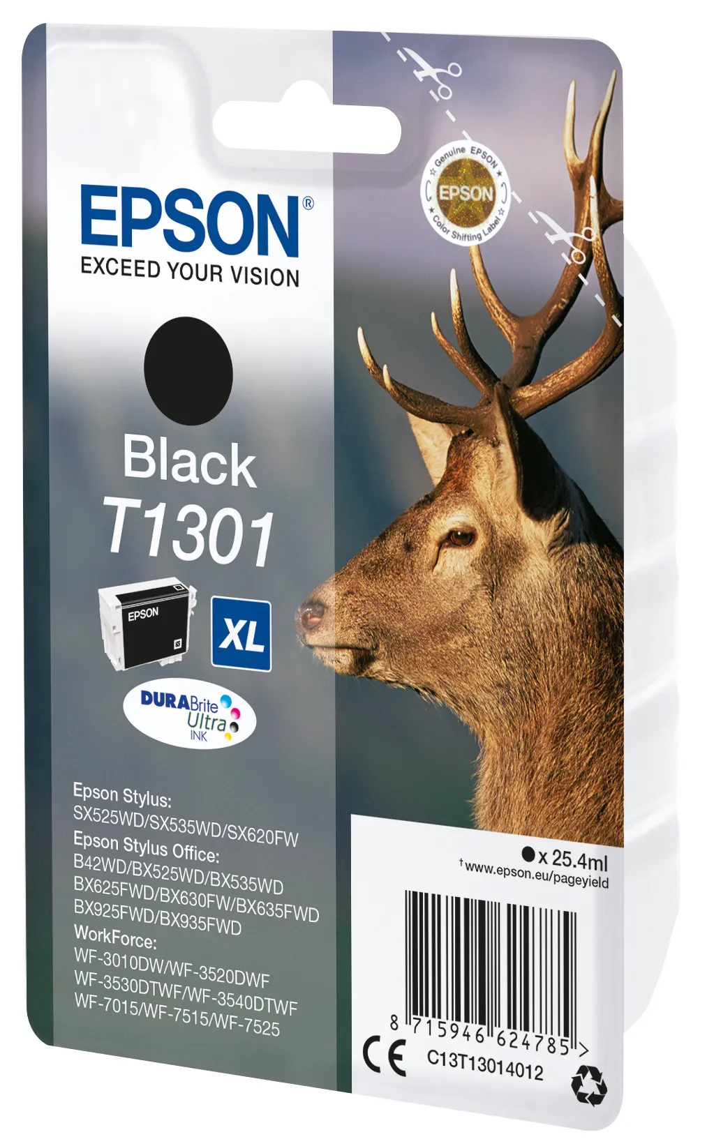 Epson T1301 - 25.4 ml - XL-koko - musta - alkuper&auml;inen - blister RF:ll&auml;/&auml;&auml;nih&auml;lyttimell&auml; - mustepatruuna malleihin Stylus Office BX535, BX630, BX635, BX935, Wor
