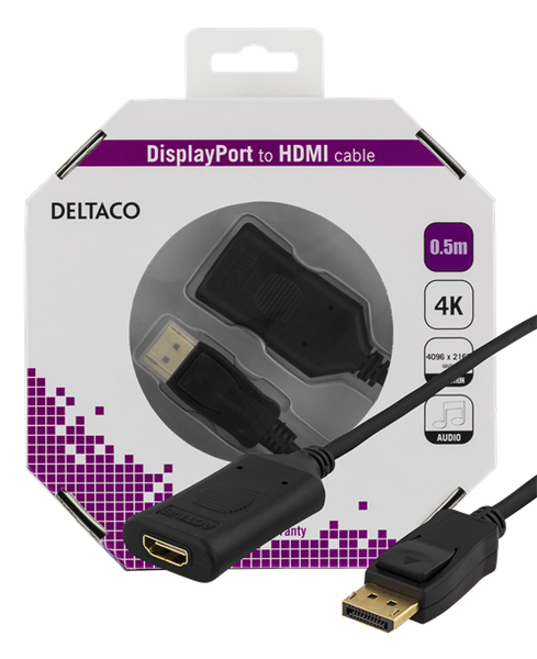 DELTACO DisplayPort - HDMI-kaapeli, aktiivinen, 4K 60Hz, 0,5m, musta