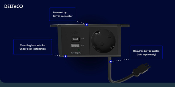 Deltaco Power Strip for Under Desk Mounting, Schuko + USB A/C, with GST18 connection, black