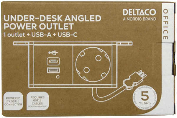 Deltaco Power Strip for Under Desk Mounting, Schuko + USB A/C, with GST18 connection, black