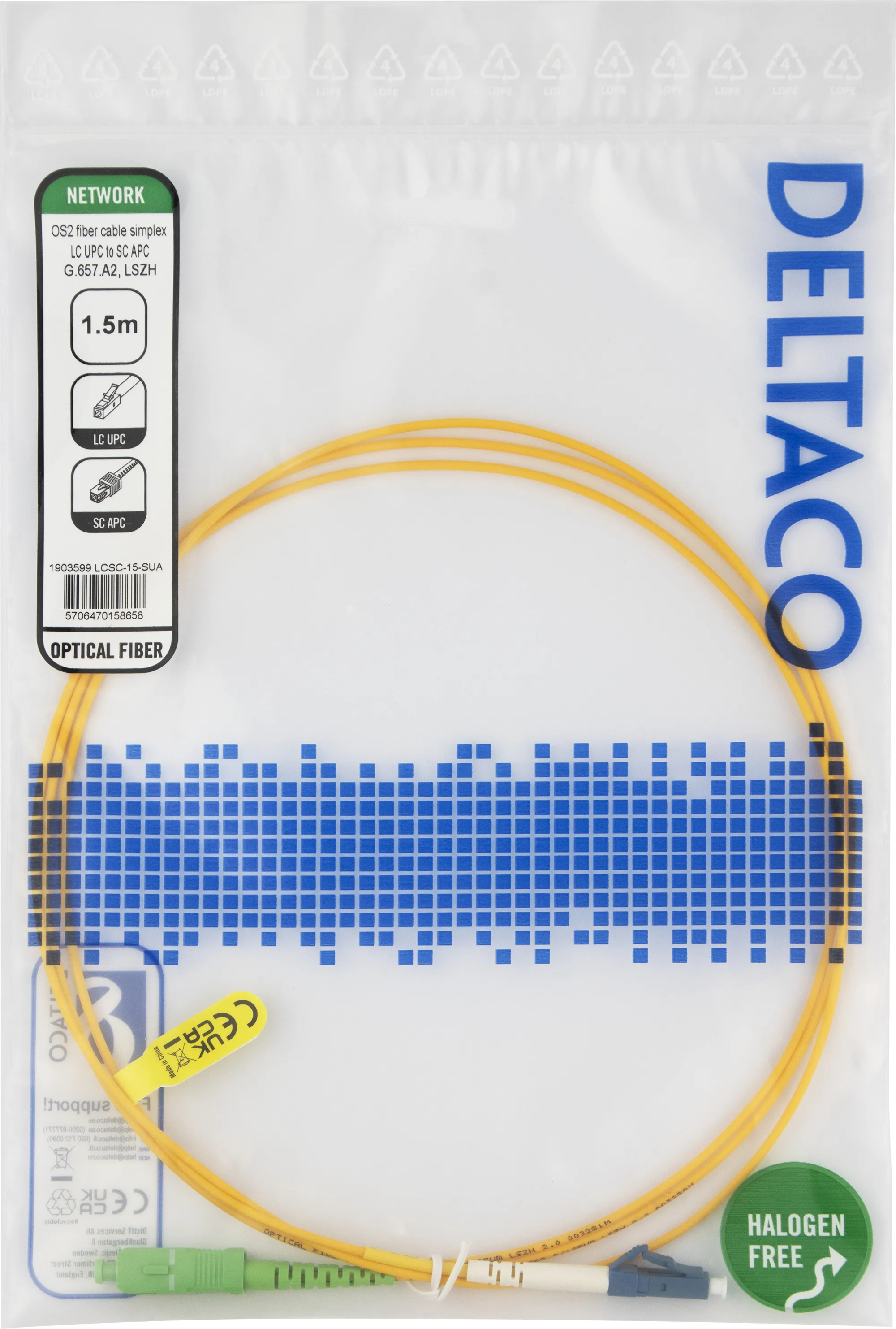 Deltaco OS2 LSZH LC-SC 1.5m Fiber Optic Cable, Yellow