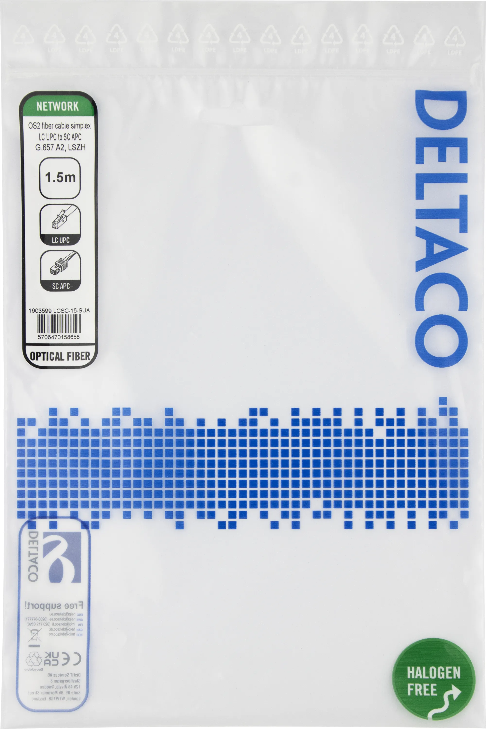 Deltaco OS2 LSZH LC-SC 1.5m Fiber Optic Cable, Yellow