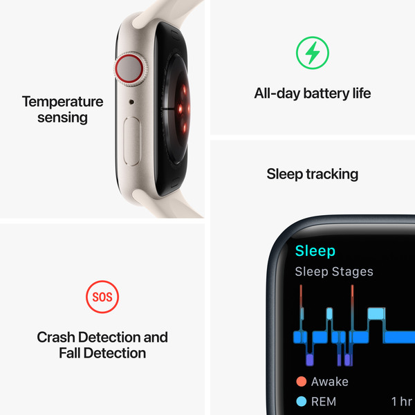 Apple Watch Series 8 GPS + Cellular, 41mm t&auml;hti&shy;valkea alumiinikuori ja urheiluranneke