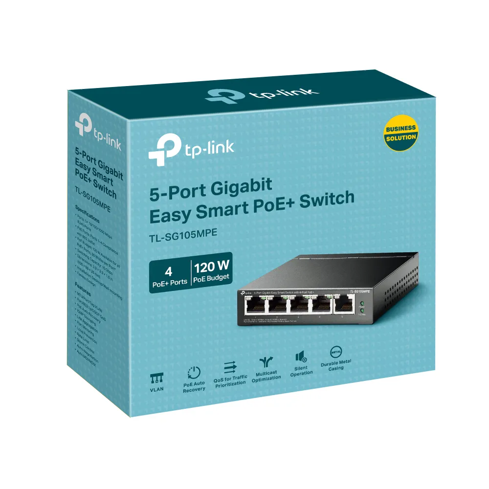 TP-LINK 5Port Gigabit Easy Smart Switch with 4Port PoE+ 4x Gigabit PoE+ Ports 1x Gigabit Non-PoE Ports 802.3af/at 120W PoE Power