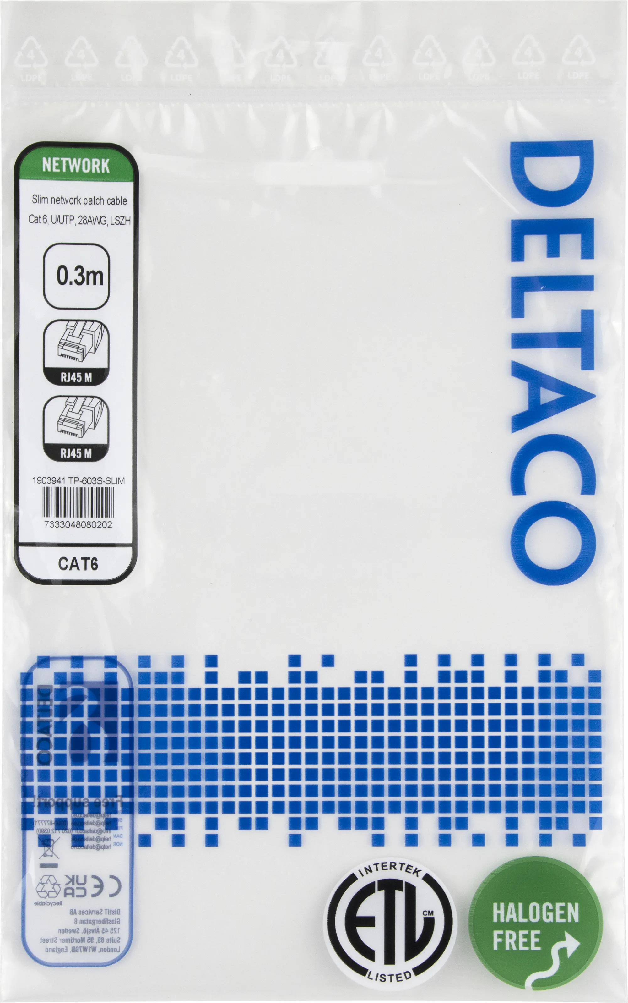 Deltaco Cat6 UTP RJ45 0.3m Network Cable, Black