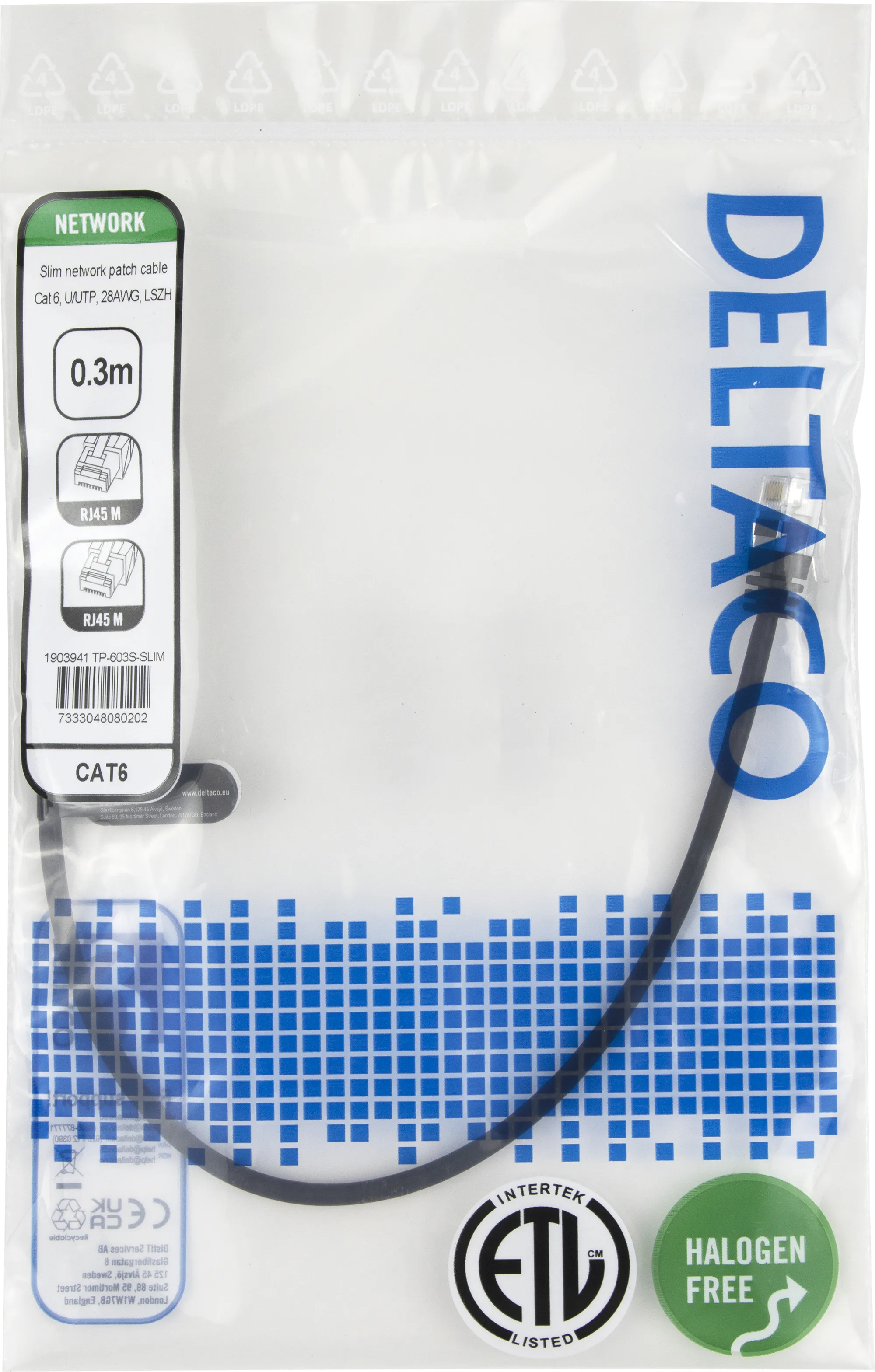 Deltaco Cat6 UTP RJ45 0.3m Network Cable, Black
