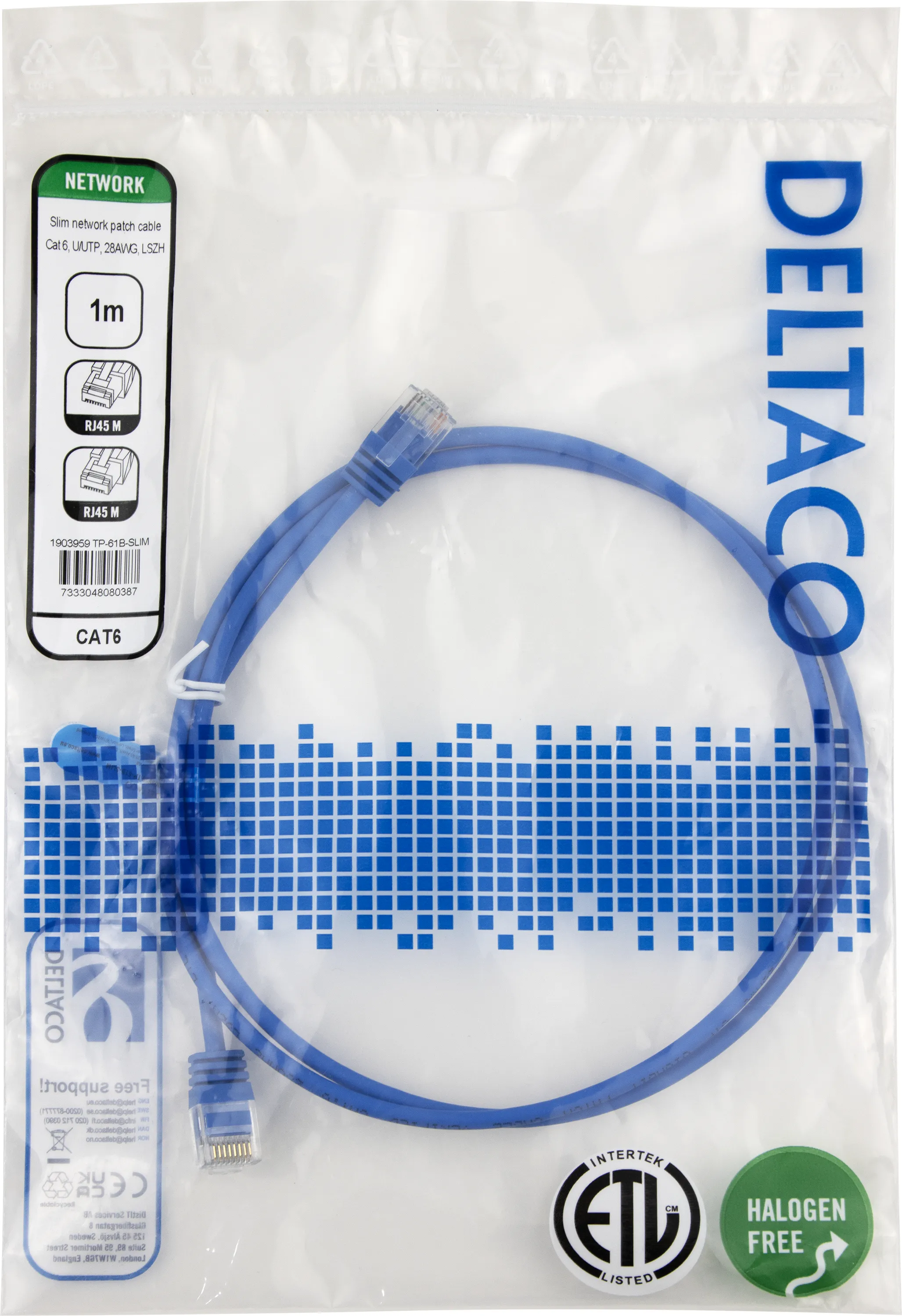 Deltaco Cat6 UTP RJ45 1m n&auml;tverkskabel, bl&aring;