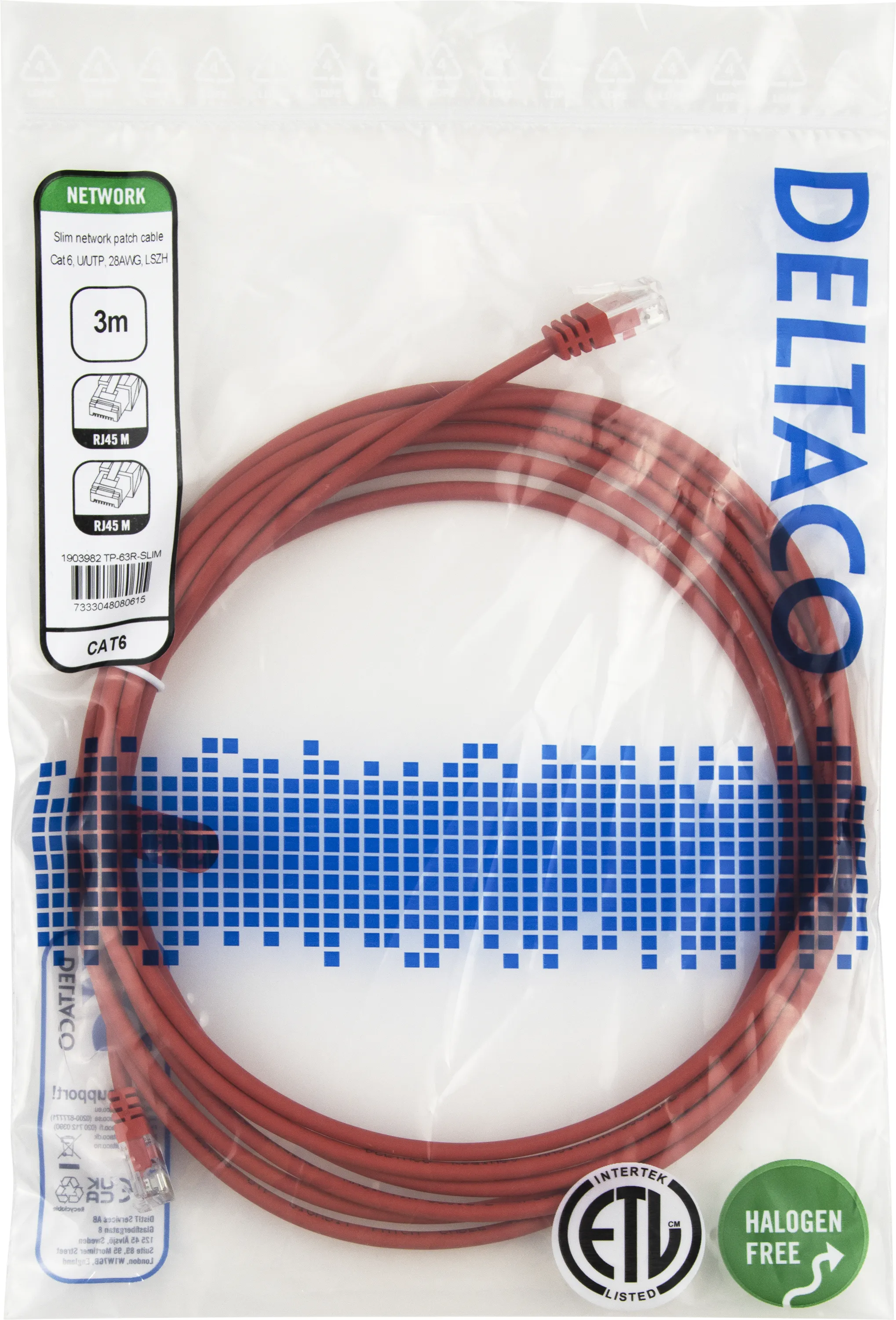 Deltaco Cat6 U/UTP RJ45 3m -verkkokaapeli, punainen