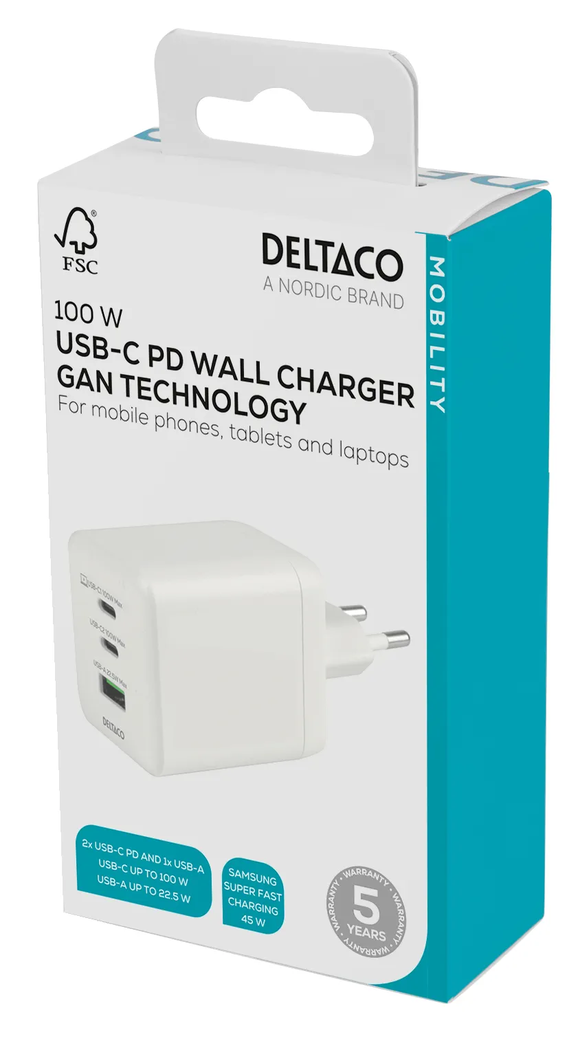 Deltaco GaN 100 W, 1x USB-A, 2x USB-C, PPS - USB-laturi, Valkoinen