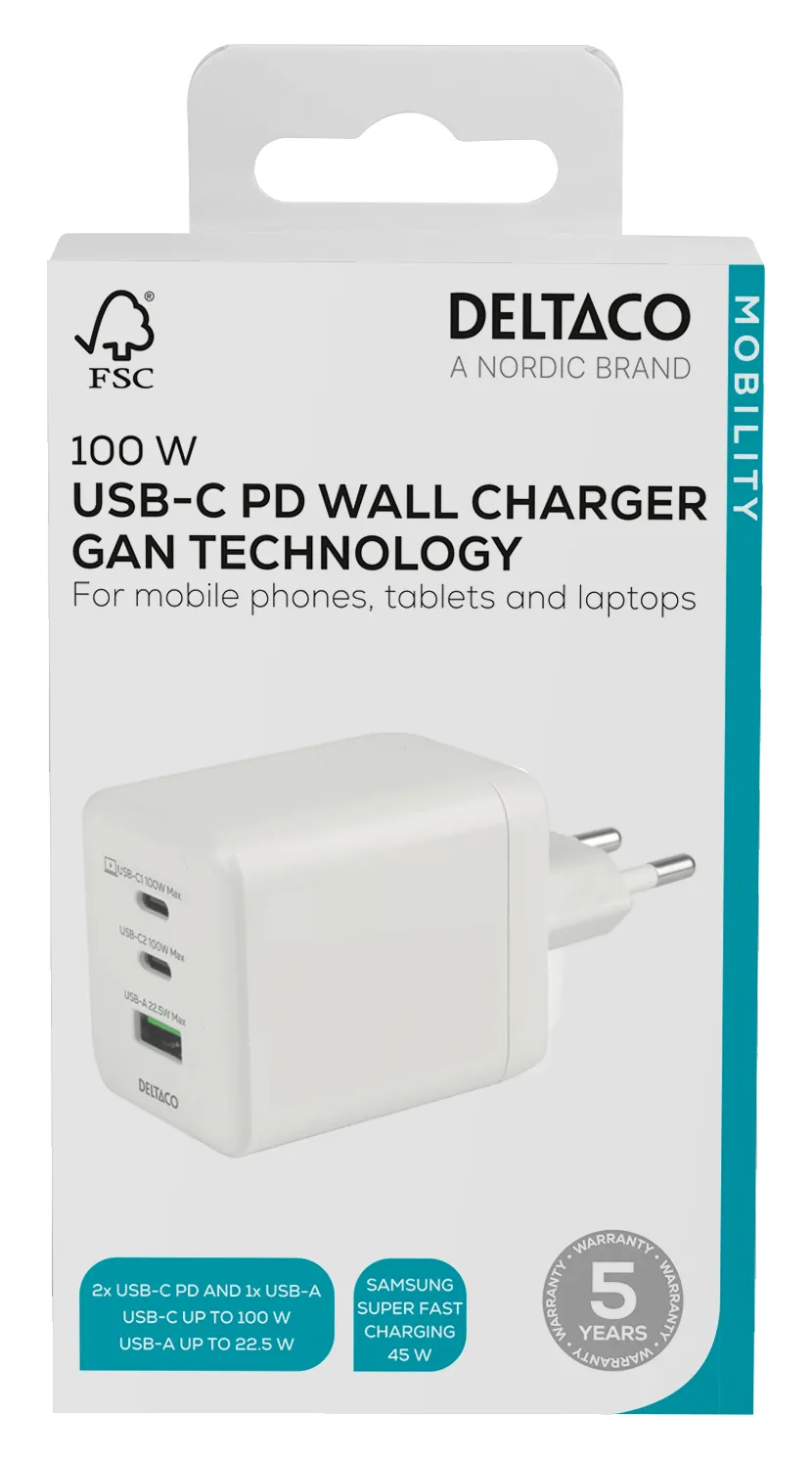 Deltaco GaN 100 W, 1x USB-A, 2x USB-C, PPS - USB-laturi, Valkoinen