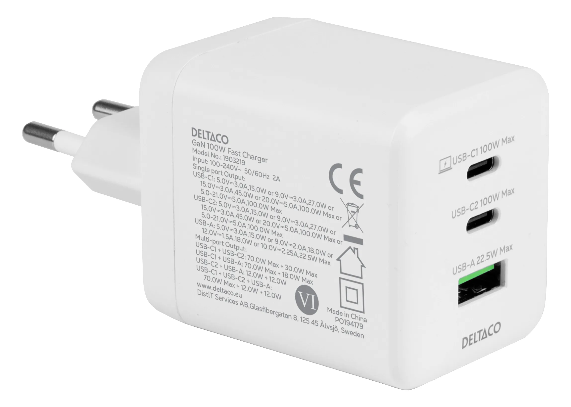Deltaco GaN 100 W, 1x USB-A, 2x USB-C, PPS - USB-laturi, Valkoinen