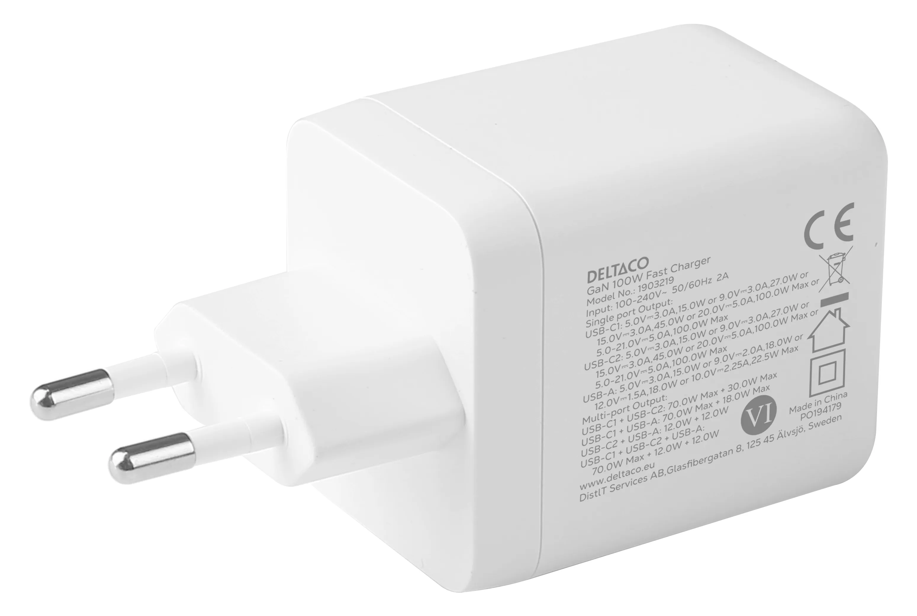 Deltaco GaN 100 W, 1x USB-A, 2x USB-C, PPS - USB-laturi, Valkoinen