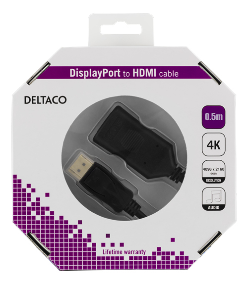 DELTACO DisplayPort - HDMI-kaapeli, aktiivinen, 4K 60Hz, 0,5m, musta
