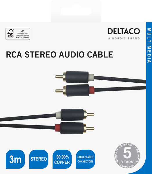 DELTACO &auml;&auml;nikaapeli, 2xRCA uros - 2xRCA uros, kullatut lii.,3m, must
