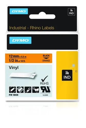 DYMO RhinoPRO m&auml;rktejp perm vinyl 12mm, svart p&aring; orange, 5.5m rulle