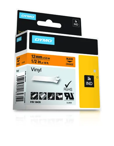 DYMO RhinoPRO m&auml;rktejp perm vinyl 12mm, svart p&aring; orange, 5.5m rulle