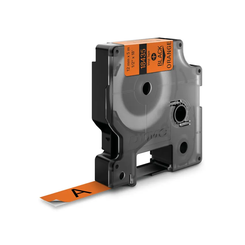 DYMO RhinoPRO m&auml;rktejp perm vinyl 12mm, svart p&aring; orange, 5.5m rulle