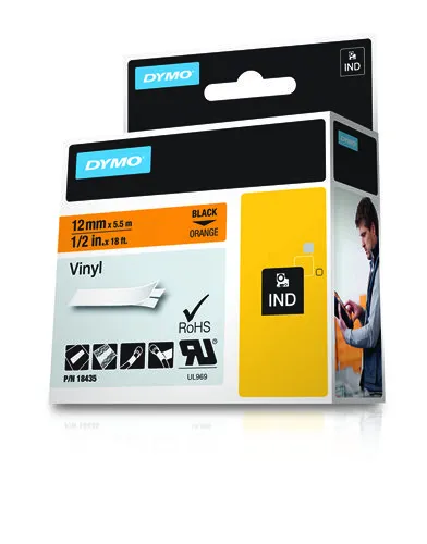 DYMO RhinoPRO m&auml;rktejp perm vinyl 12mm, svart p&aring; orange, 5.5m rulle
